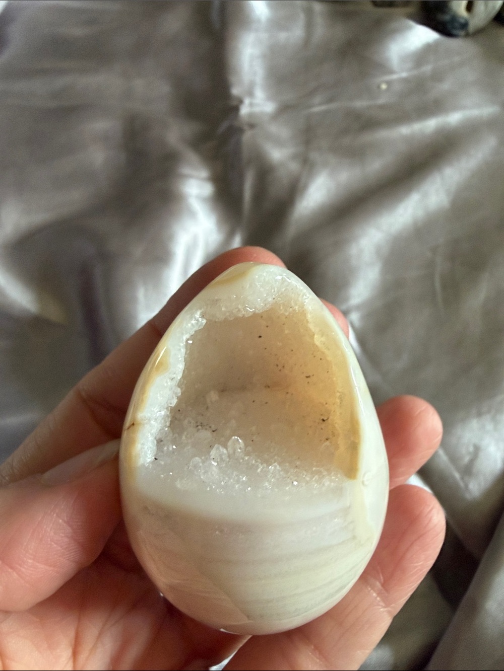 Polished White Agate Geode Egg with Crystal Cavity